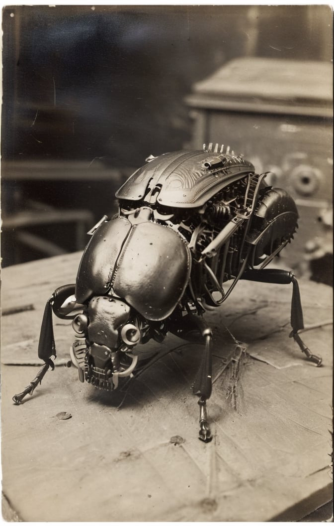 (hybrid:1.10) (detailed intricate mechanical clockwork parts:1.2) (insect beetle:0.95), (merge:1.1),|crawling along workbench|photographic, realism pushed to extreme, fine texture, incredibly lifelike, cinematic, large format camera, photo realism, ultra-detailed, high quality, high contrast, antique photograph