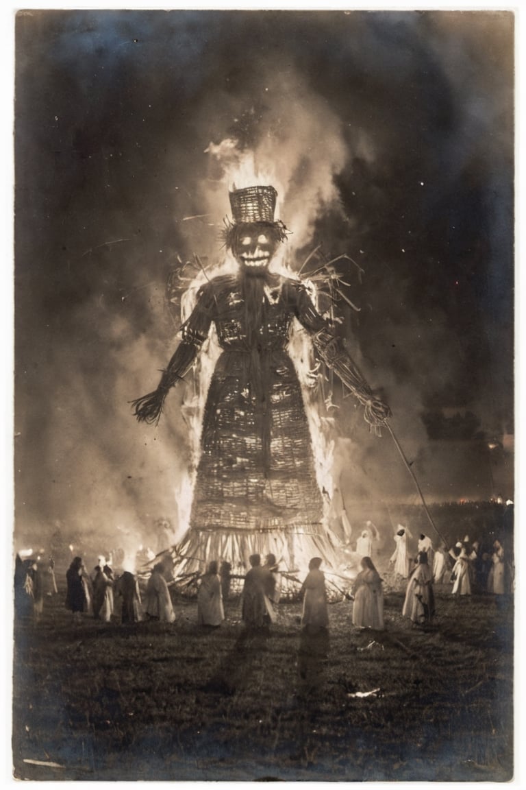 an enormous burning straw effigy, in a field, night time, surrounded by robed dancing figures 