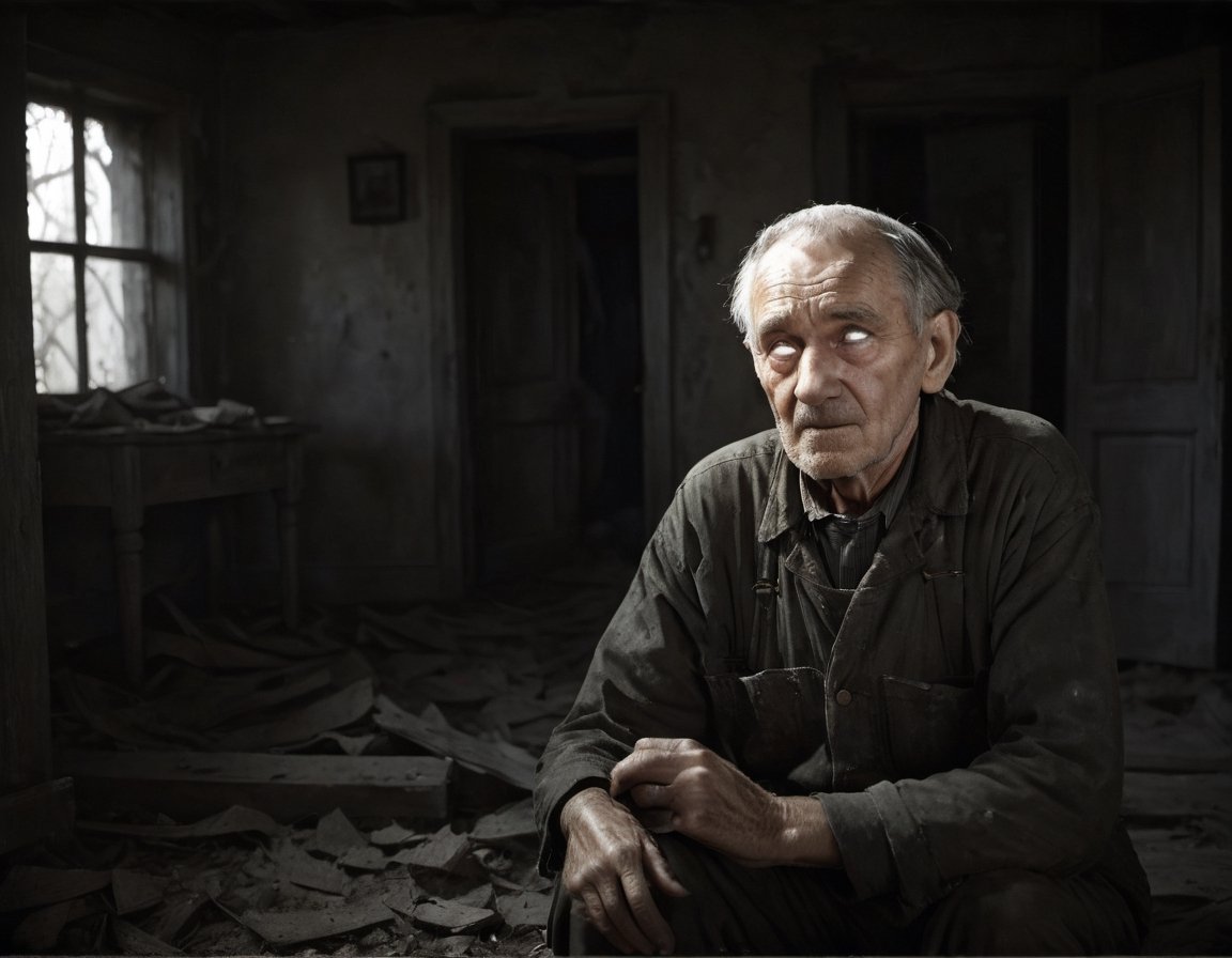 cinematic film still, close up, old man alone in a crumbling abaondoned house, haunted, highly detailed, desaturated colors, dramatic shadows, dust motes in beams of light, lonely, sad, lost. shallow depth of field, vignette, highly detailed, high budget, bokeh, cinemascope, moody, epic, gorgeous, film grain, grainy,whiteeyes