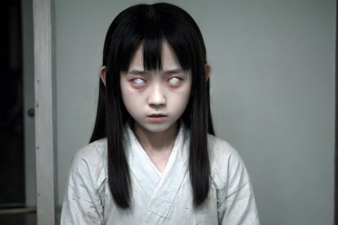 a close up of a young japanese girl, japanese horror, james wan, japanese horror movie footage, japanese vfx, the grudge, kuntilanak, skinwalker, creepy kawaii, yokai, akiyuki shinbou, dren from splice, junki ito, creepy pose
