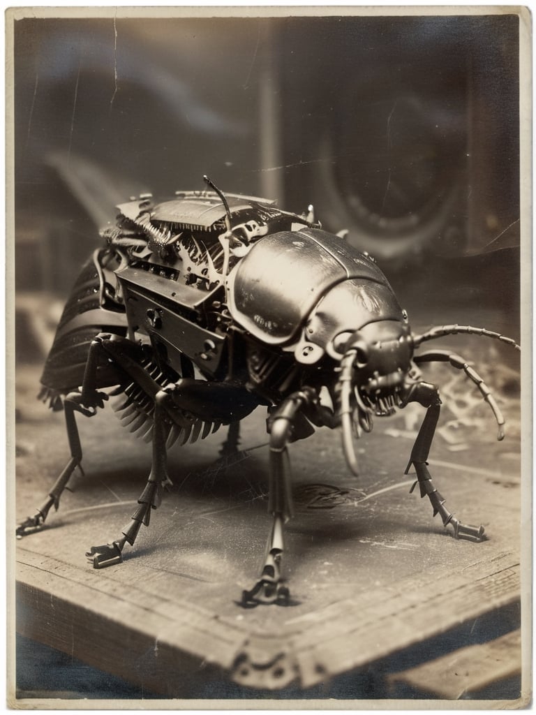 (hybrid:1.10) (detailed intricate mechanical clockwork parts:1.2) (insect beetle:0.95), (merge:1.1),|crawling along workbench|photographic, realism pushed to extreme, fine texture, incredibly lifelike, cinematic, large format camera, photo realism, ultra-detailed, high quality, high contrast, antique photograph