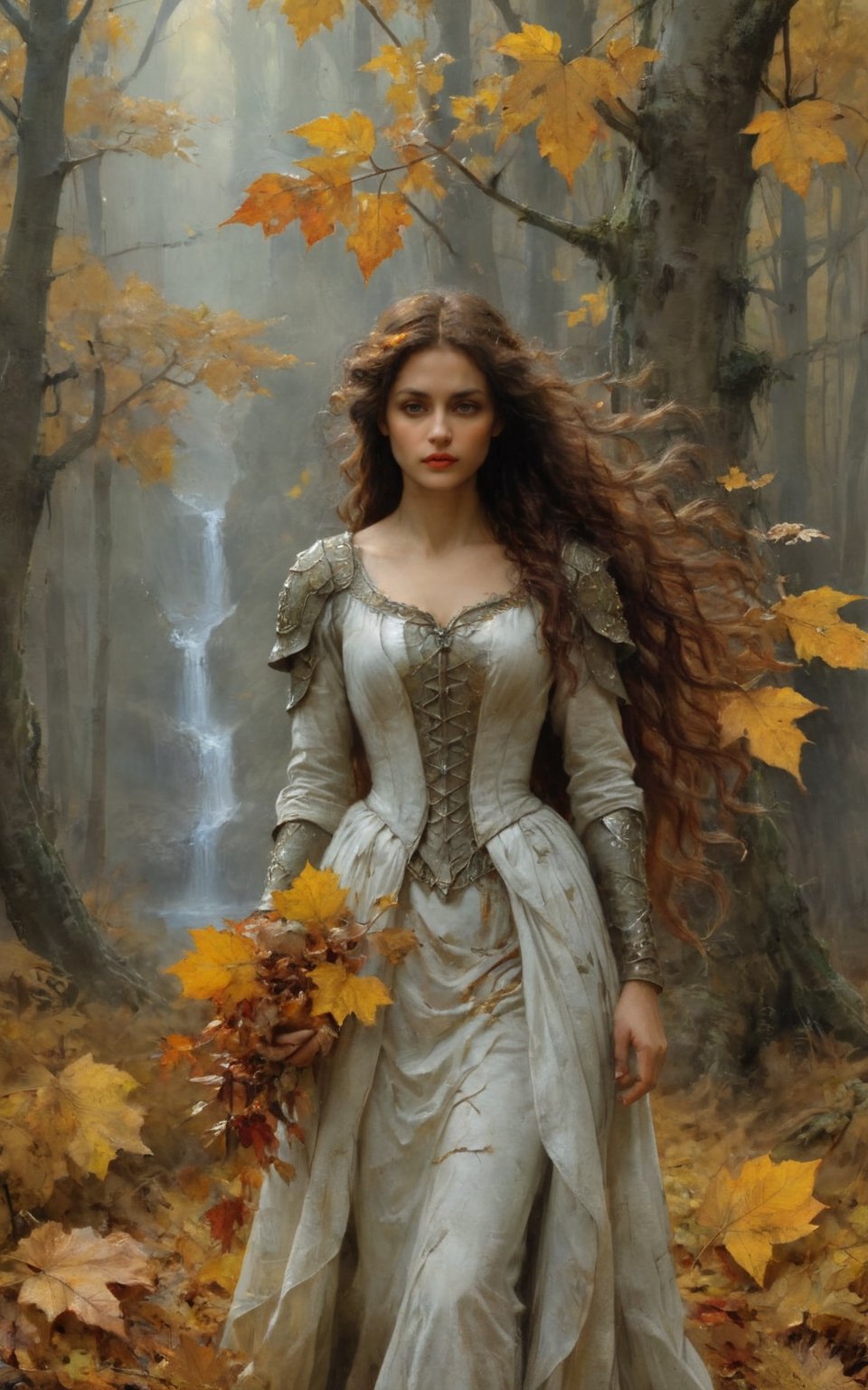 The autumn bride. A beautiful woman dressed in the colors of autumn, yellow, brown and rust-colored leaves. A Epic art Illustration by Jean-Baptiste Monge and Alan Lee paint style, created a award-winning painting with incredible details. Superior and unique Fantasy Art paint illustrations, stunning fantasy scene features, center the scene, crisp quality, sharp focus, old clotes, forest, medieval, old metal, rust, fine art, beautiful, awesome fantasy,  intricate, sharp focus, fairytale illustration, highly detailed, digital art, concept art, epic movie 8k, epic pose, posters. Unreal engine 5 rendering 4k., black and white still, digital Art, perfect composition, beautiful detailed intricate insanely detailed octane render trending on artstation, 8 k artistic photography, photorealistic concept art, soft natural volumetric cinematic perfect light, chiaroscuro, award - winning photograph, masterpiece, oil on canvas, raphael, caravaggio, greg rutkowski, beeple, beksinski, giger