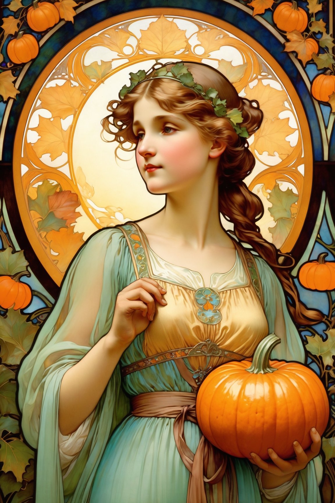 masterpiece, best quality, bright color, vivid color, (extremely detailed CG unity 8k wallpaper, masterpiece, best quality, ultra-detailed, best shadow), (chromatic aberration), (girl:1.5), (ultra-detailed), ((cute face)), ((full body)),
((Girl, Superhero girl looking down at Earth holding up a pumpkin with both hands, cartoon style illustration, Beatrix potter style painting, Alphonse Mucha)), ((caustic)), dynamic angle, beautiful detailed glow