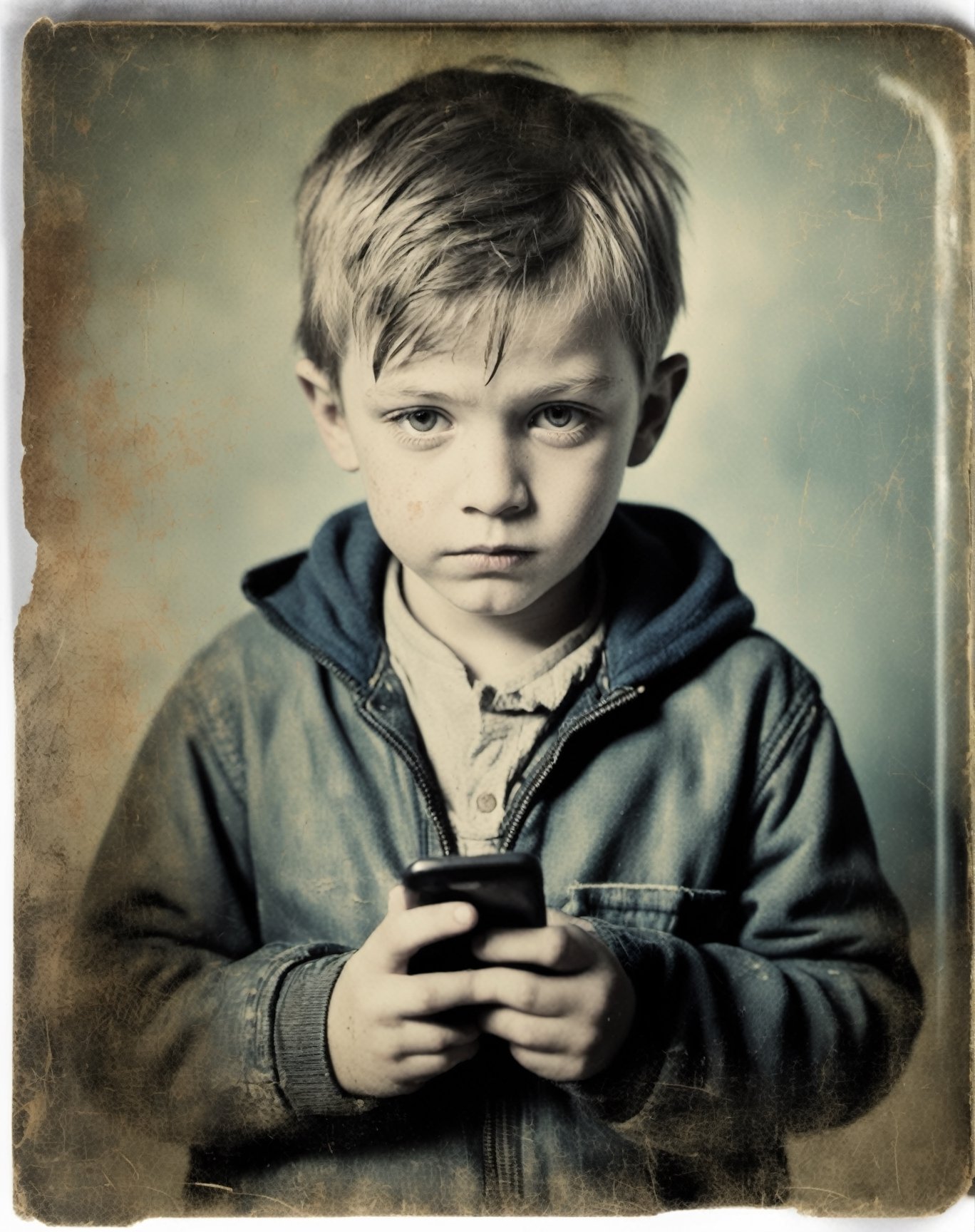 glass plate photograph of a kid on his cell phone, (distressed image:1.3) (scratched image:1.1), (scuffed image:1.2)