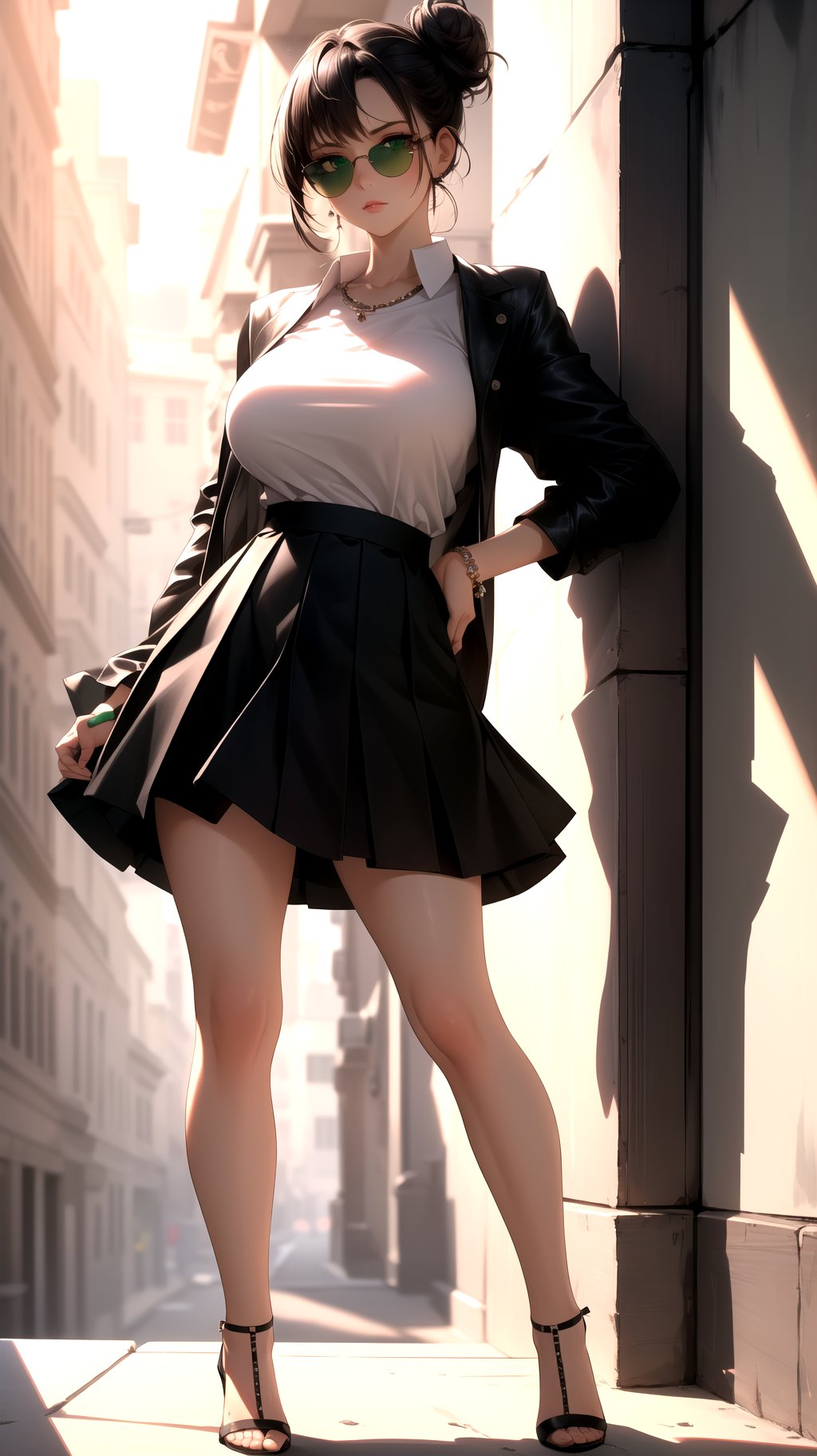 (best quality:1.1), (masterpiece:1.2), high quality shadow, beautiful detailed, beautiful face, detailed eyes, depth of field, highres, best shadow, best illumination, 1girl, looking at viewer, black hair, messy bun hair, green eyes, shy, large breasts, short skirt, black skirt, tight shirt, boob shirt, high heels, sunglasses on head,