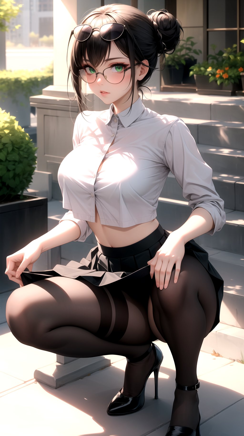 (best quality:1.1), (masterpiece:1.2), high quality shadow, beautiful detailed, beautiful face, detailed eyes, depth of field, highres, best shadow, best illumination, 1girl, looking at viewer, black hair, messy bun hair, green eyes, shy, large breasts, short skirt, revealing_clothes , black skirt, no bra, crop top, high heels, sunglasses on head, stockings, black stockings, skirt lifting, teasing,