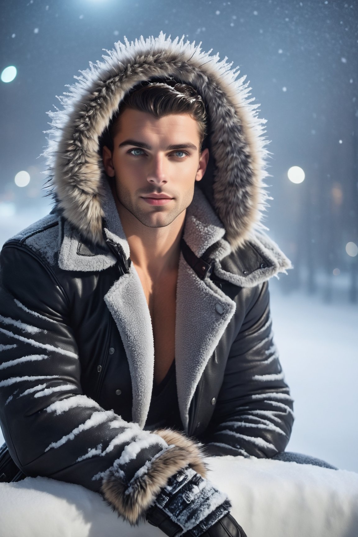 A 27-year-old man with a toned,  athletic physique sits in central London surrounded by snow. The snow creates a magical atmosphere,  adding to the Christmas tale. He appears Jewish with a Caucasian nose. The man has shoulder-length black hair,  green eyes,  and a neat hairstyle with bangs on his face. The leather jacket is a brand-name item with a loose silhouette and long fur lining. It features a large hood with fur trim. The jeans are and ripped. The eyes are very detailed and green. The photography style is fantasy-inspired. 
Perfect eyes, ral-chrcrts, DonMSn0wM4g1cXL,,,
,,Link Girl
,DonMSn0wM4g1cXL,Movie Still