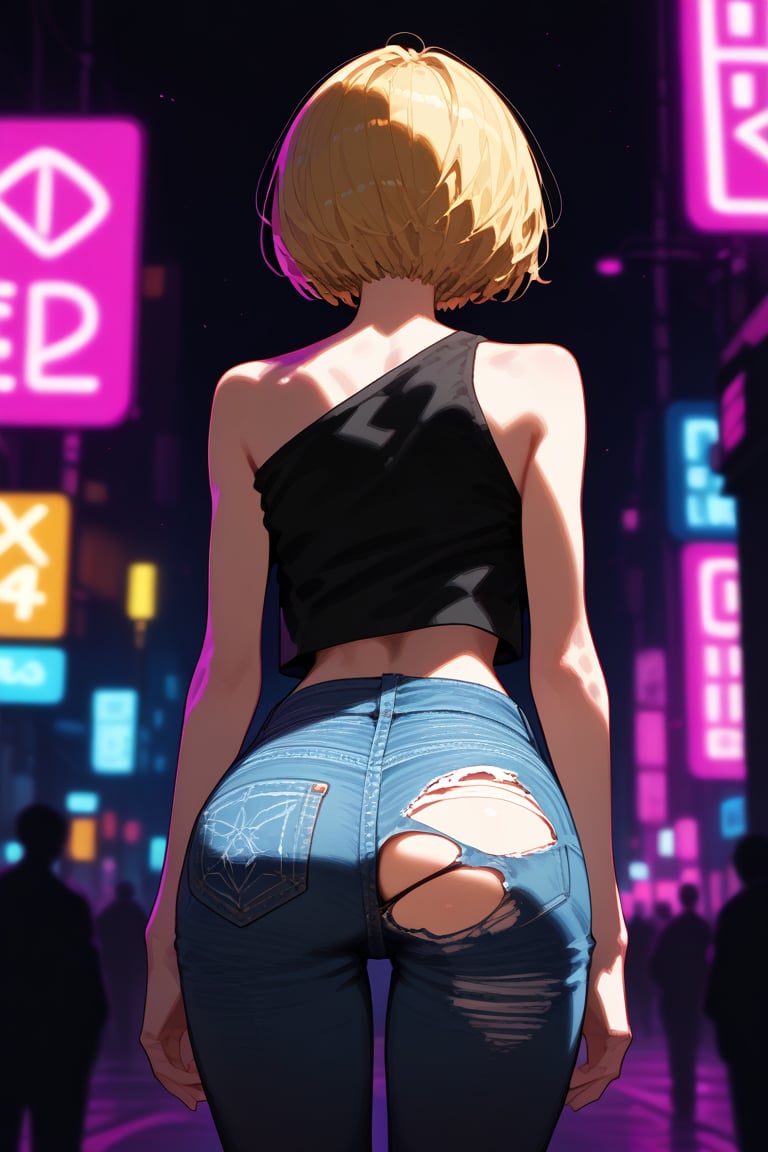 1girl, solo, short hair, blonde hair, bare shoulders, underwear, panties, ass, pants, from behind, torn clothes, back, denim, pink panties, thong, jeans, torn pants, torn jeans, (((neon theme))), dark theme, vivid color, masterpiece, best quality, amazing quality, very aesthetic, absurdres, depth of field, score_9, score_8, score_7, score_6,sexy girl