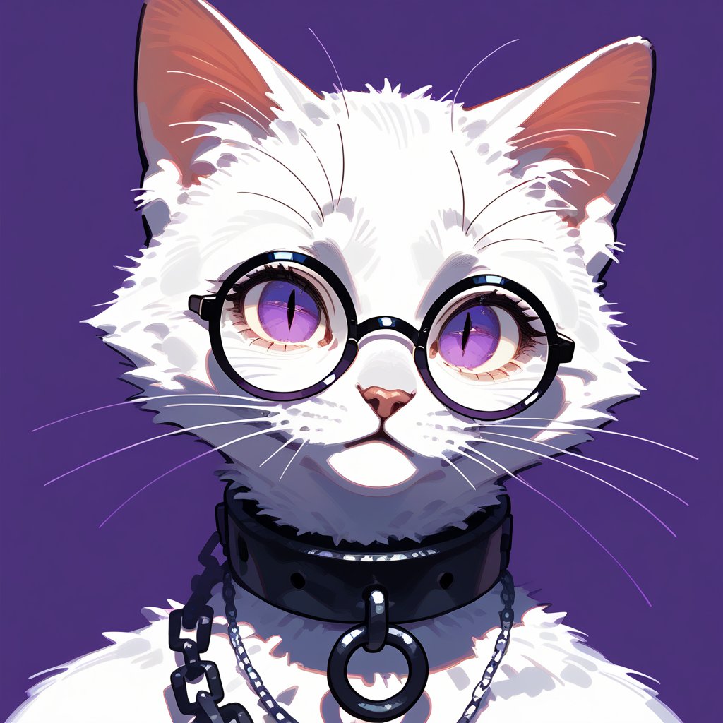 solo, looking at viewer, simple background, jewelry, purple eyes, glasses, necklace, collar, no humans, chain, animal, cat, slit pupils, portrait, purple background, round eyewear, animal focus, white fur, whiskers, eyewear strap, vivid color, masterpiece, best quality, amazing quality, very aesthetic, absurdres, depth of field, score_9, score_8, score_7, score_6