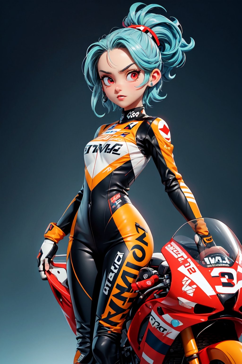 (best quality), (UHQ, 8k, high resolution), Generate a pixel art masterpiece featuring a solo anime girl with a sporty, moto-inspired aesthetic. The character boasts vibrant, electric blue hair, and her red eyes gleam with intensity. Dressed in a cutting-edge MotoGP racing suit with sleek sponsor logos, she strikes a dynamic and confident pose. The atmosphere should convey a thrilling sense of speed and victory, with the character radiating charm and charisma, subtly expressing a connection with the viewer. Ensure the pixel art is of ultra resolution, adopting a dynamic aspect ratio, and capturing the essence of 'simple --niji' and 'kpop girl' styles. Emphasize the character's forehead, sleek physique, and infuse the scene with an energetic and endearing expression.