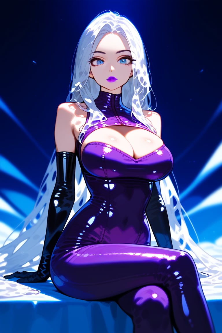 1girl, solo, long hair, breasts, looking at viewer, blue eyes, large breasts, gloves, dress, cleavage, bare shoulders, sitting, very long hair, closed mouth, white hair, elbow gloves, shiny, lips, shiny skin, clothing cutout, bodysuit, makeup, cleavage cutout, lipstick, skin tight, purple dress, shiny clothes, purple gloves, latex, purple bodysuit, vivid color, masterpiece, best quality, amazing quality, very aesthetic, absurdres, depth of field, score_9, score_8, score_7, score_6,sexy girl