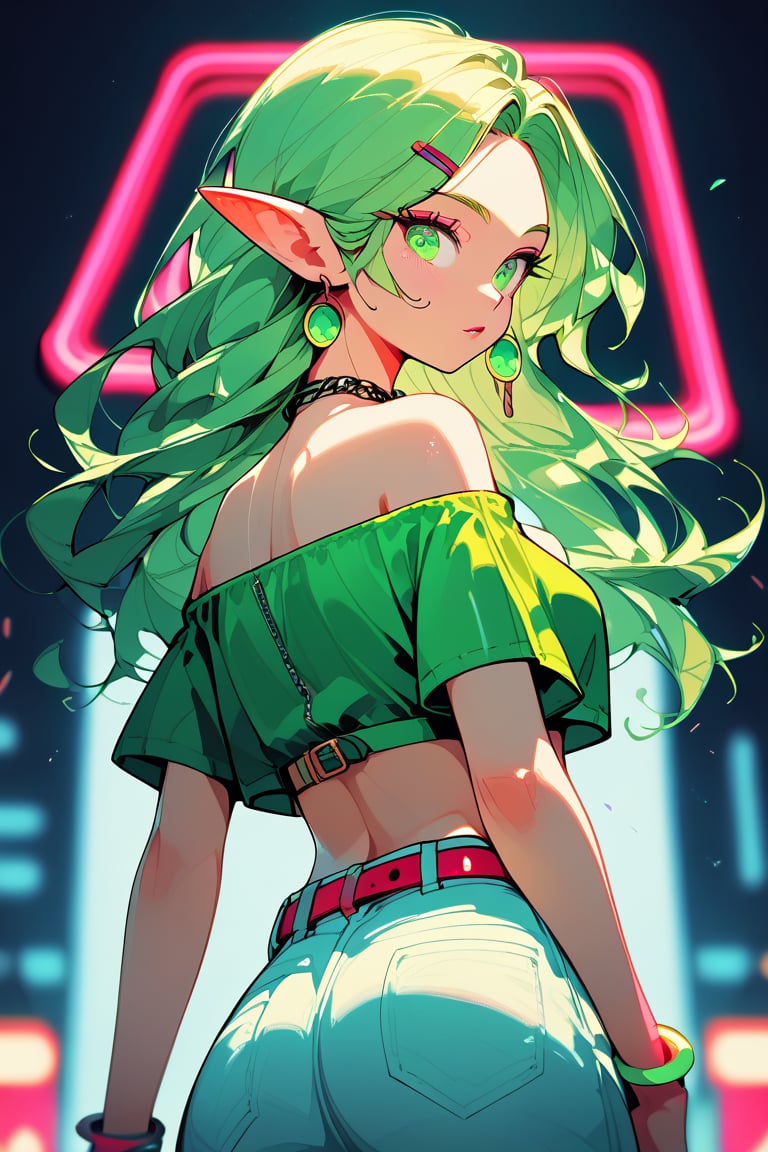 1girl, anus, ass, back, looking at viewer, 1girl, solo, long hair, looking at viewer, hair ornament, white background, navel, bare shoulders, jewelry, green eyes, earrings, pointy ears, hairclip, midriff, belt, necklace, bracelet, crop top, elf, (((neon theme))), dark theme, vivid color, masterpiece, best quality, amazing quality, very aesthetic, absurdres, depth of field, score_9, score_8, score_7, score_6,sexy girl