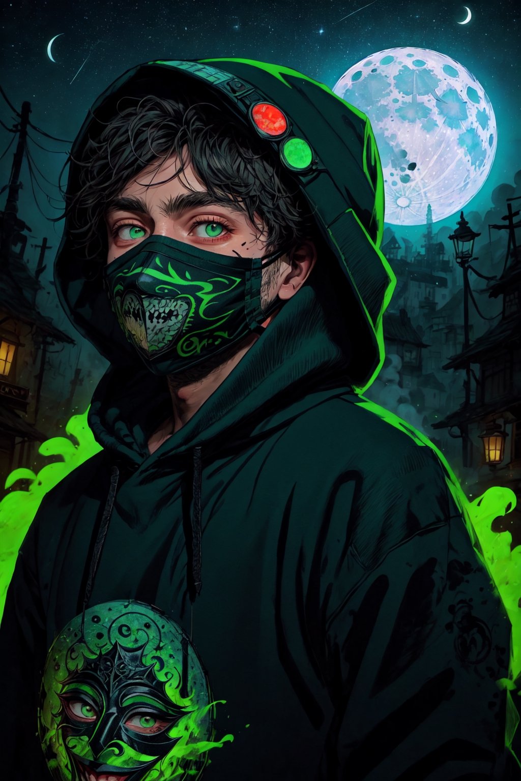 painting with visible brush strokes, a man puting a mask for died gas, clothe: black hoddie, eyes for the mask green glows, in a mystical city into night, green moon, comic style.,crazy