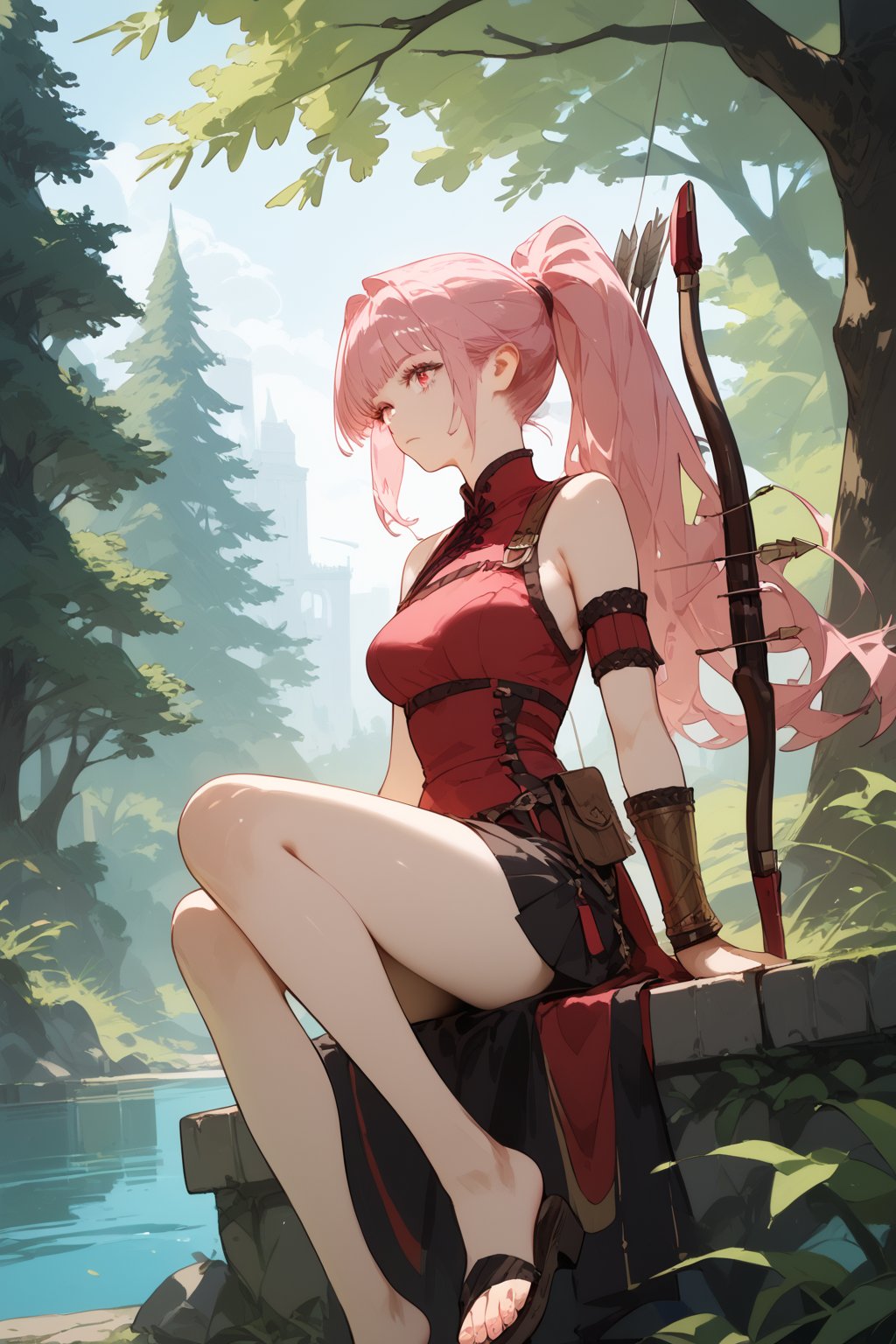 SCORE_9, SCORE_8_UP, SCORE_7_UP, SCORE_6_UP,

MASTERPIECE, BEST QUALITY, HIGH QUALITY, 
HIGHRES, ABSURDRES, PERFECT COMPOSITION,
INTRICATE DETAILS, ULTRA-DETAILED,
PERFECT FACE, PERFECT EYES,
NEWEST, AESTHETIC,

1girl, solo, long hair, sitting, ponytail, weapon, pink hair, red hair, outdoors, barefoot, day, tree, sandals, bow \(weapon\), arrow \(projectile\), bracer