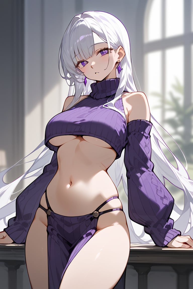 1girl, solo, long hair, breasts, looking at viewer, bangs, long sleeves, navel, bare shoulders, jewelry, medium breasts, purple eyes, white hair, thighs, cowboy shot, earrings, parted lips, detached sleeves, midriff, stomach, sweater, crop top, sleeves past wrists, underboob, turtleneck, revealing clothes, pelvic curtain, purple theme, purple sweater, cropped sweater, vivid color, masterpiece, best quality, amazing quality, very aesthetic, absurdres, depth of field, score_9, score_8, score_7, score_6,sexy girl