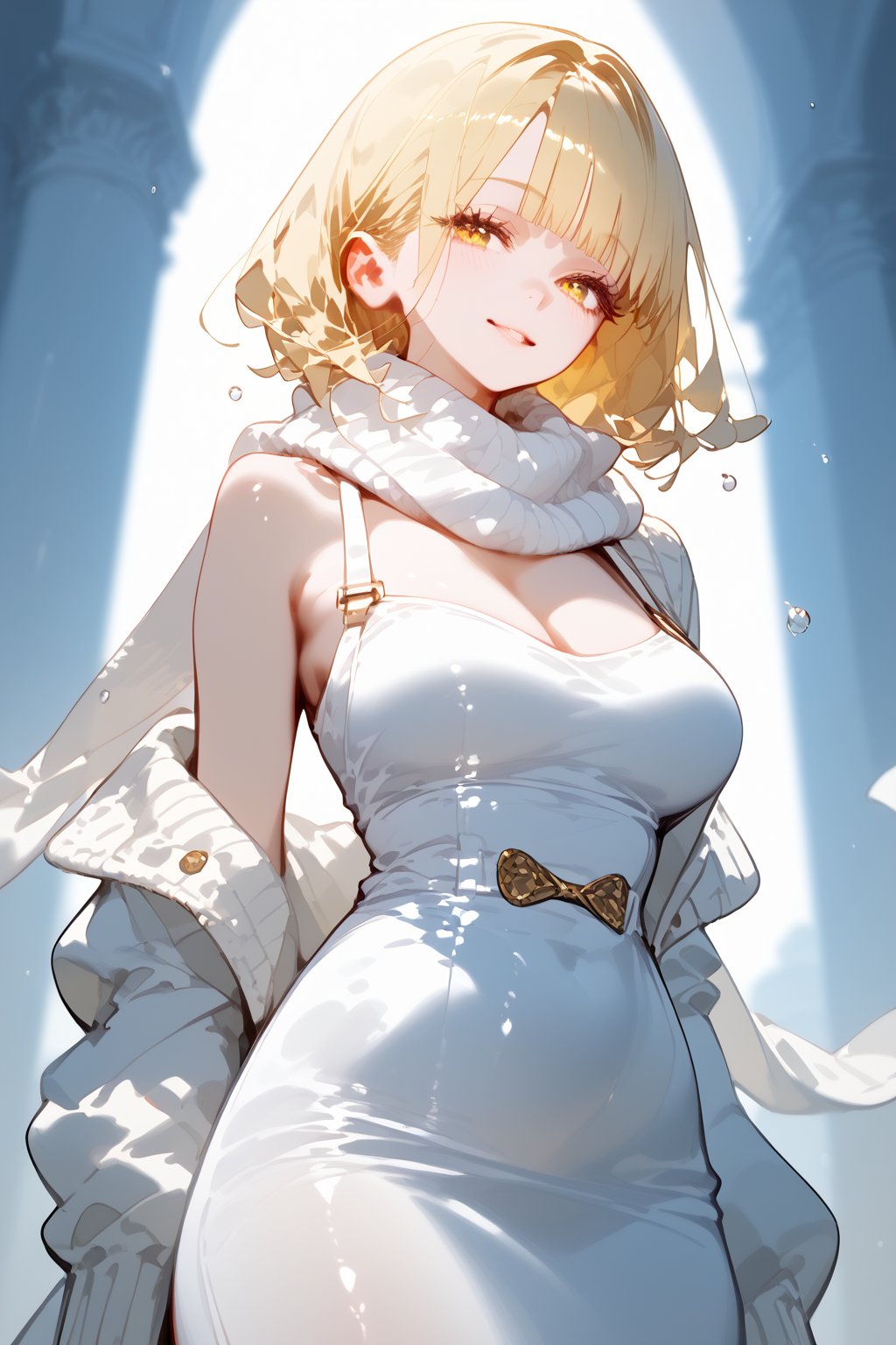 score_9, score_8_up, score_7_up, score_6_up,

An animated image of a woman with blonde hair and yellow eyes. She is wearing a white dress with a white scarf around her neck. Her arms are draped over her shoulders. There are droplets of water on the woman's shoulder. The background is a light blue.