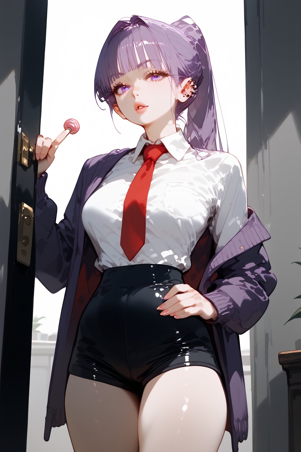 score_9, score_8_up, score_7_up, score_6_up,

 a cartoon girl with long, purple hair stands in front of a gray wall. She is wearing a white shirt, a purple vest, a red tie, and a pair of white underwear. Her left hand is holding a pink candy, while her right hand is pointing to the right. Her eyes are a piercing red, and her lips are a lighter shade of pink. Her hair is pulled back in a ponytail, adding a pop of color to her face. The wall behind her is gray, and the door to the left of her is black