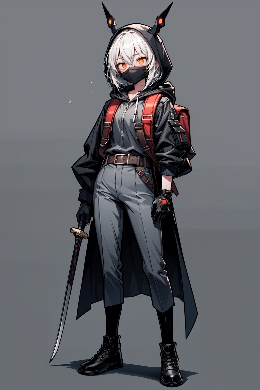 (best qualite), (UHQ, 8k, high resolution), Generate a character design. The character is envisioned as a rogue or assassin, adorned in a gray hooded cloak with a mysterious mask concealing their face. The mask features striking orange glowing eyes. The character is equipped with a backpack, a belt adorned with pouches and an assortment of weapons. In his hand, the wield a sword with a distinctively curved blade. The background is a light gray color, featuring various sketches depicting the character in different dynamic poses.,1girl,solo