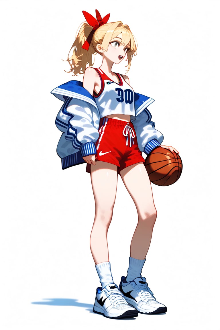 1girl, solo, open mouth, blonde hair, simple background, white background, ribbon, jacket, full body, hair ribbon, ponytail, shoes, shorts, socks, off shoulder, red ribbon, white jacket, white socks, sneakers, sportswear, red shorts, basketball, nike, basketball uniform, vivid color, masterpiece, best quality, amazing quality, very aesthetic, absurdres, depth of field, score_9, score_8, score_7, score_6,sexy girl