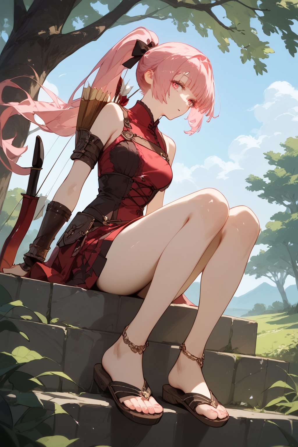 SCORE_9, SCORE_8_UP, SCORE_7_UP, SCORE_6_UP,

MASTERPIECE, BEST QUALITY, HIGH QUALITY, 
HIGHRES, ABSURDRES, PERFECT COMPOSITION,
INTRICATE DETAILS, ULTRA-DETAILED,
PERFECT FACE, PERFECT EYES,
NEWEST, AESTHETIC,

1girl, solo, long hair, sitting, ponytail, weapon, pink hair, red hair, outdoors, barefoot, day, tree, sandals, bow \(weapon\), arrow \(projectile\), bracer