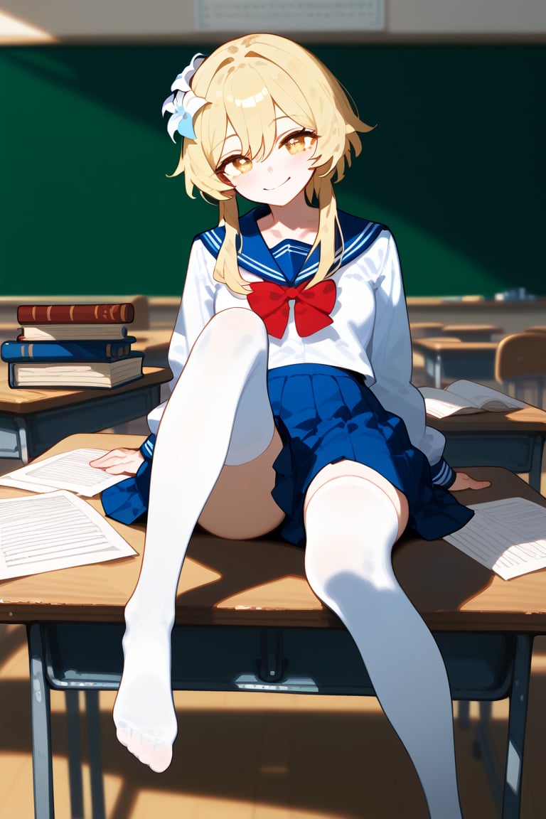 1girl, solo, looking at viewer, blush, smile, bangs, skirt, blonde hair, shirt, thighhighs, long sleeves, bow, hair between eyes, closed mouth, school uniform, full body, yellow eyes, white shirt, sidelocks, pleated skirt, serafuku, alternate costume, indoors, bowtie, sailor collar, blurry, red bow, white thighhighs, blue skirt, zettai ryouiki, book, no shoes, blue sailor collar, red bowtie, short hair with long locks, desk, paper, classroom, chalkboard, on desk, lumine \(genshin impact\), vivid color, masterpiece, best quality, amazing quality, very aesthetic, absurdres, depth of field, score_9, score_8, score_7, score_6,sexy girl