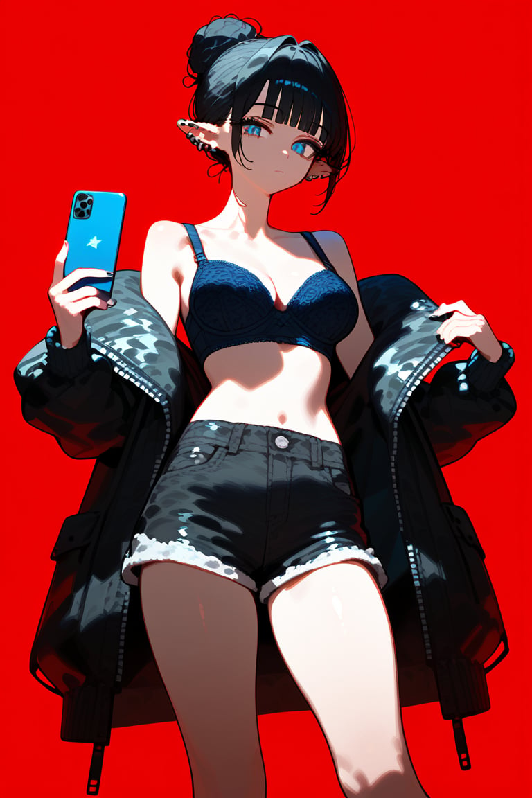 1girl, solo, breasts, looking at viewer, short hair, bangs, blue eyes, simple background, black hair, holding, bare shoulders, jewelry, closed mouth, collarbone, jacket, thighs, earrings, open clothes, shorts, pointy ears, blunt bangs, off shoulder, hair bun, bra, open jacket, black jacket, see-through, short shorts, black shorts, piercing, single hair bun, ear piercing, red background, vivid color, masterpiece, best quality, amazing quality, very aesthetic, absurdres, depth of field, score_9, score_8, score_7, score_6,sexy girl