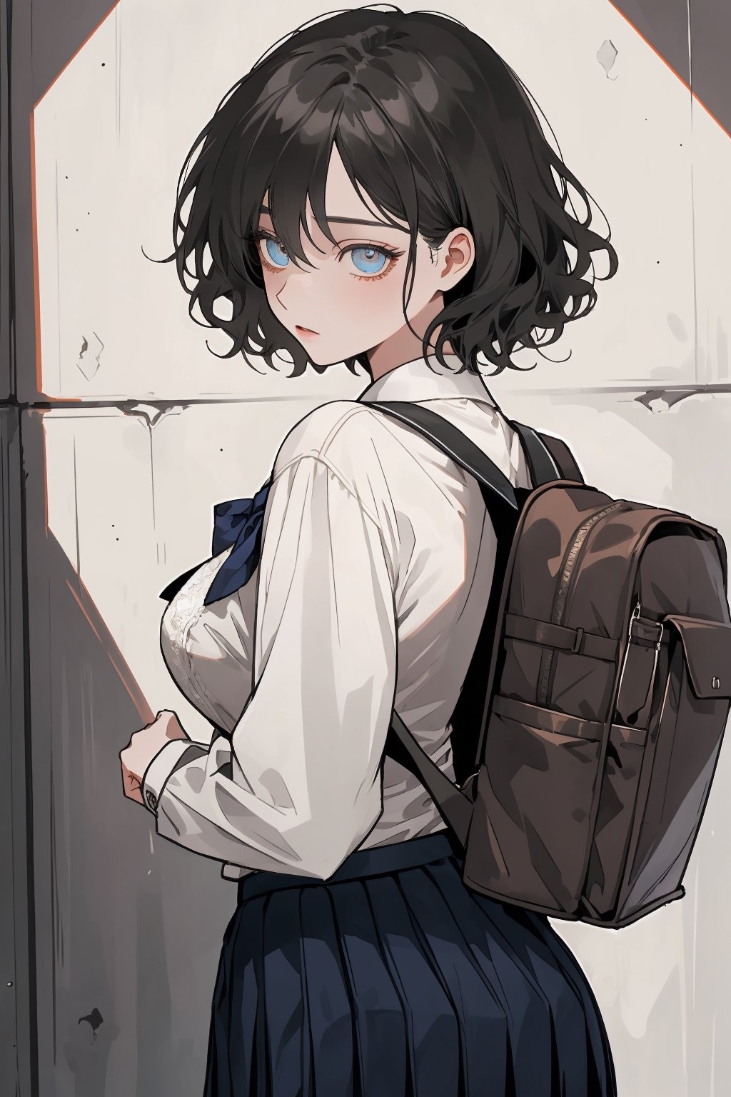 high school student,girl,short curly hair,school uniform(ribbon,laced blouse and suit),back_pack,at school wall,Best Quality, 32k, photorealistic, ultra-detailed, finely detailed, high resolution, perfect dynamic composition, beautiful detailed eyes, sharp-focus, cowboy_shot, 