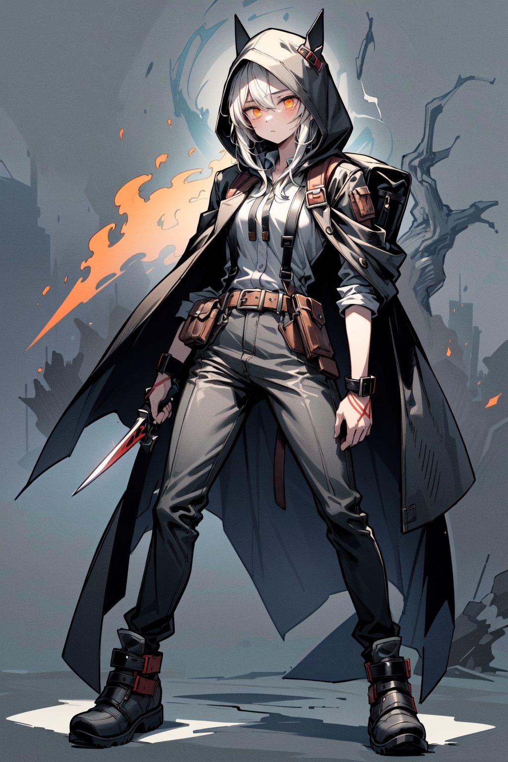 (best qualite), (UHQ, 8k, high resolution), Generate a character design. The character is envisioned as a rogue or assassin, adorned in a gray hooded cloak with a mysterious mask concealing their face. The mask features striking orange glowing eyes. The character is equipped with a backpack, a belt adorned with pouches and an assortment of weapons. In his hand, the wield a sword with a distinctively curved blade. The background is a light gray color, featuring various sketches depicting the character in different dynamic poses.,1girl,solo