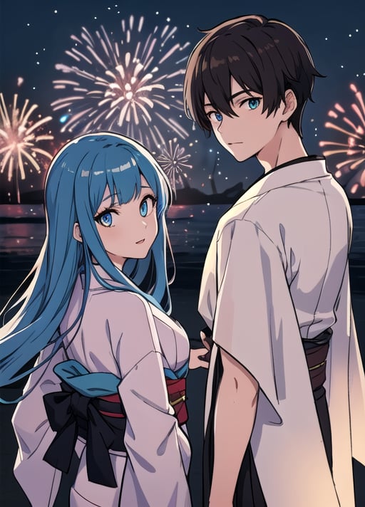 masterpiece, best quality, couple_(romantic), couple, girl x boy, girl and boy, sky, looking at viewer, upper bodys, looking back, glowy eyes, dark kimonos, fireworks, 2 people, romantic atmosphere, 25 years, | Break

(girl with long blue hair color), | Break

(boy with short brown hair color), 