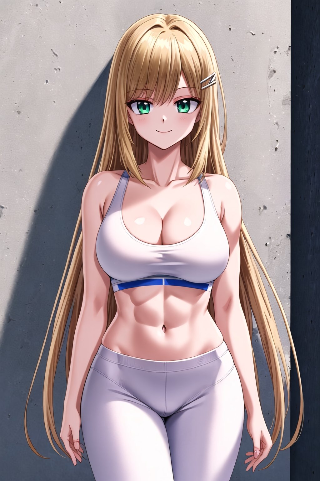 ((8k, masterpiece, best quality, highres, ultra-detailed, more details)) 1girl, mature female, messy hair, hairpin, long hair, blonde hair, emerald colored eyes, large breasts, muscular, curvy and thin_body, navel, grey yoga outfit, cleavage, long pants, wall background (white), evil smile, closed_mouth