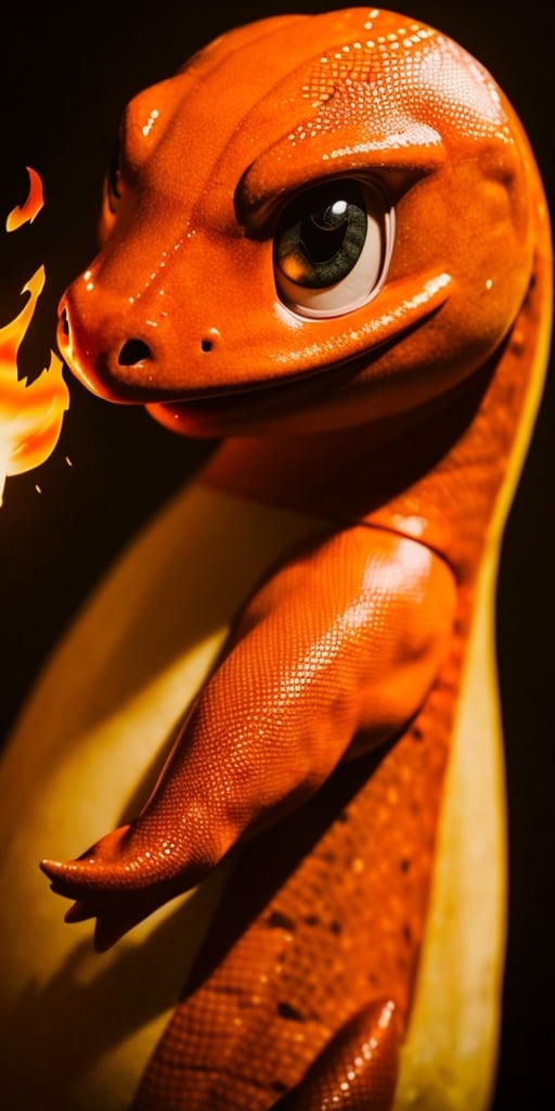 {{ close up photo of charmander }}, pokemon, monster, red lizard, fire,  (best quality:1.2), (masterpiece:1.2), (realistic:1.1), (detailed:1.33), (deep-shadows), (sharp-focus:1.5), RAW photograph, (ultrarealistic), 32k, flawless,perfecteyes,Charmander_Pokemon