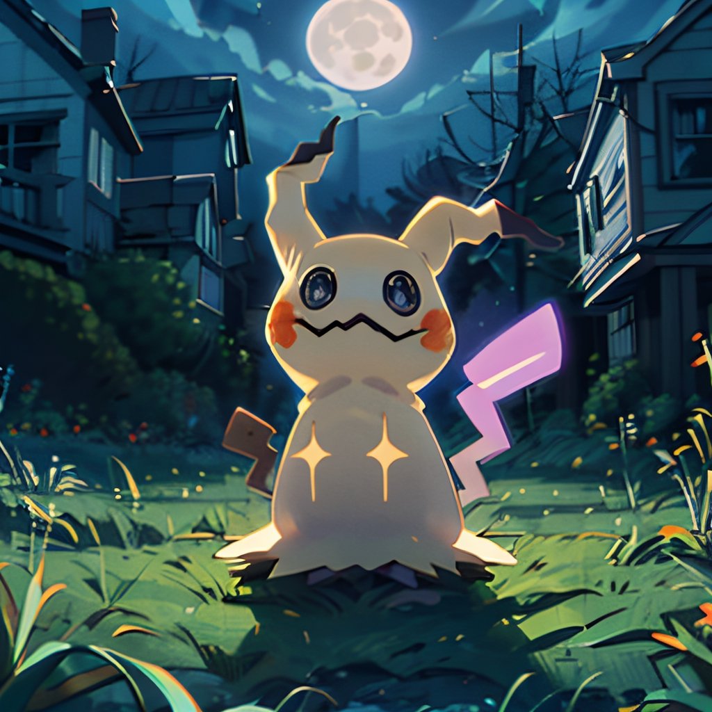 ((masterpiece,best quality)), absurdres,, Mimikyu_Pokemon,  no humans, solo, looking at viewer, cinematic composition, haunted house background, full moon, 