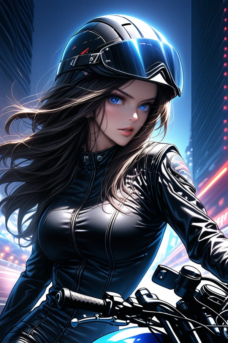 A digital illustration of the face of a biker girl, ((driving a motorcycle)), sexy woman, (((Motorcycle helmet that covers the full head))), (Neon-lit details), lustful eyes, ultra detailed eyes, well-defined details, HD, (in the background a highway racing), cinematic focus, racing uniform, retouched light, Illustration, Cartographic, Colored Pencil, Dripping Paint, Cinematic, Dramatic, ((Nightscape)), Third-Person, Isometric, (Lens Distortion), White Balance, 2D, 8K, ((Dinamic pose)), (Get inspired by professional motorcycle racing) 