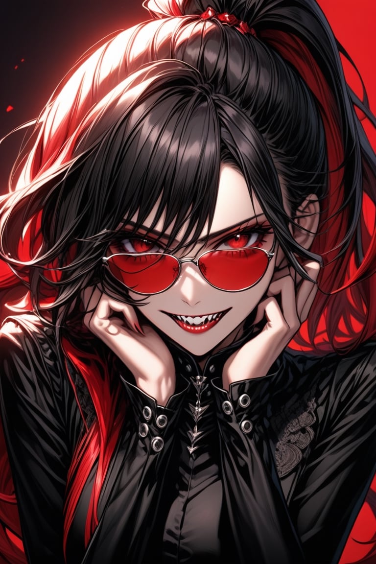 a dynamic face of a beautiful girl, villain, wearing fashionable black clothes, evil facial expression, huge evil laugh showing her vampire fangs, ((hands on her face)), ((sunglasses red color)), face in close-up, ponytail hairstyle, large and detailed eyes, background color of the image intense red, ((anime style)), 2D, full coloring, full focus, well-worked details, many details, correct proportions corporal., sexy, 
