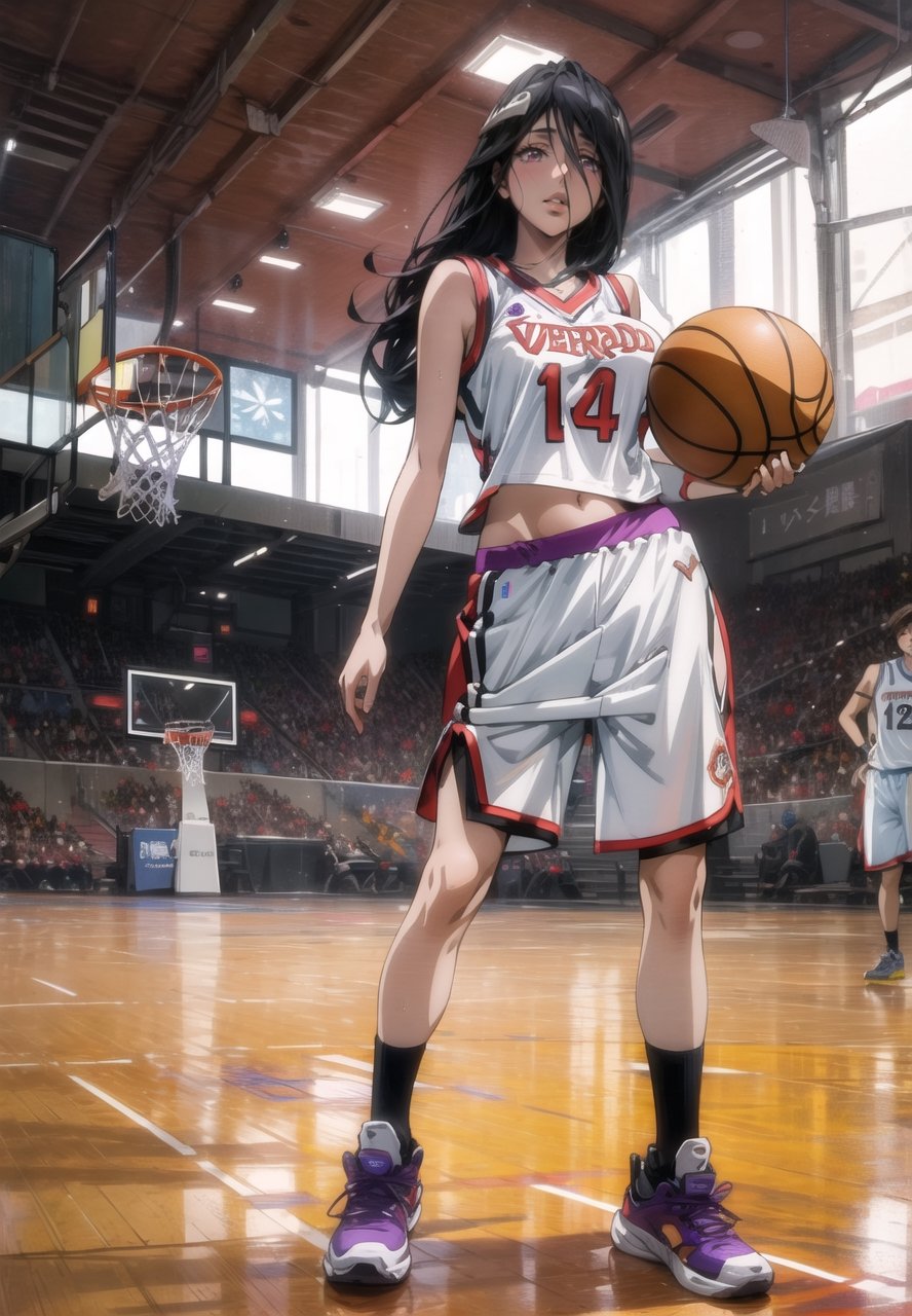 (masterpiece, 1 woman), (albedo from the anime overlord), sexy, (basketball player), (purple leakers uniform), a basketball court in the background, full body, body pose inspired by fashion magazines, HD, perfect anatomy, correct symmetry, cinematic light.