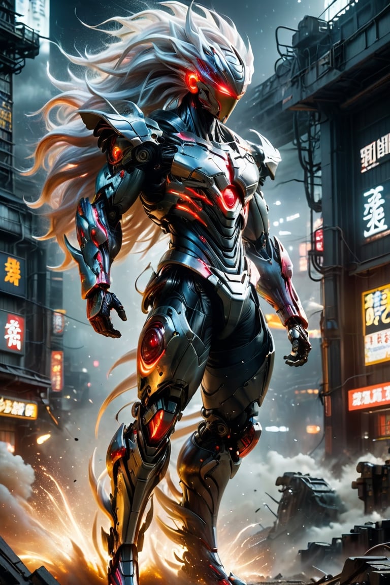 ((A futuristic robot )), warrior, with a muscular body, ((based on the anime Dragon Ball Z)), (robotic face), ((luminous mechanical hair)), illuminated with neon lights, imposing aura, (shibuya background destroyed), shapely body, perfect anatomy, particles around, cinematic luminosity, intense contrast, cinematic blur, ((dynamic pose)), (dynamic camera angle), ((super sayayin)), monochrome,Red mecha,DonM3l3m3nt4lXL