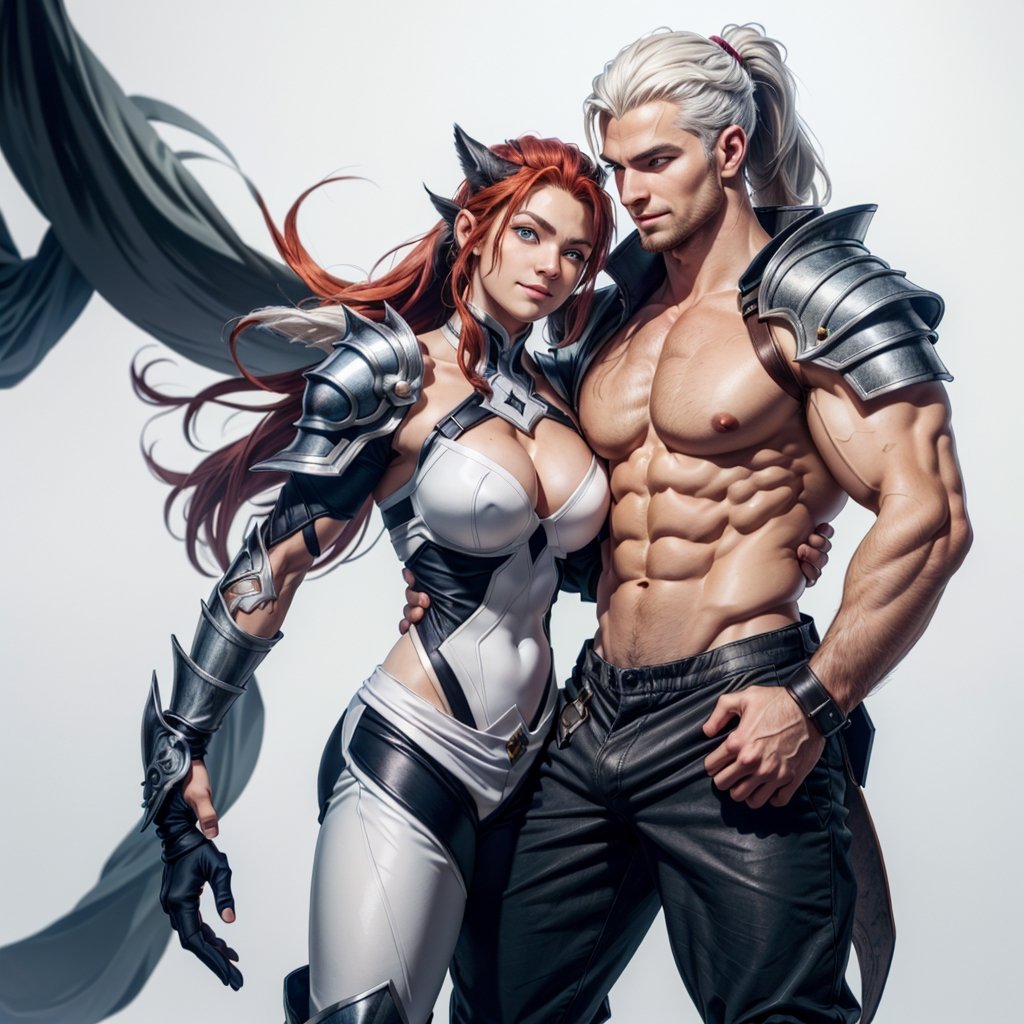  (hugging couple), (1man, warrior, red_hair, long_hair, long_ponytail, shaved side of head, nordic leather armor, armored_pants, bare chest, blue eyes, nordic, norseman, nordic_rune_on_head, detailed_hands, detailed_ab_muscles, )
(1woman, wolf_ears, white_hair, long_hair, skin_tight_shorts, detailed_ab_muscles, blue_eyes, smiling, fit_body, detailed_hands, detailed_face,)(full body view, front view,(white background, simple background:1.2),(dynamic_pose:1.2),(masterpiece:1.2), (best quality, highest quality), (ultra detailed), (8k, 4k, intricate), (50mm), (highly detailed:1.2),(detailed face:1.2), detailed_eyes,(gradients),(ambient light:1.3),(cinematic composition:1.3),(HDR:1),Accent Lighting,extremely detailed,original, highres,(perfect_anatomy:1.2), 