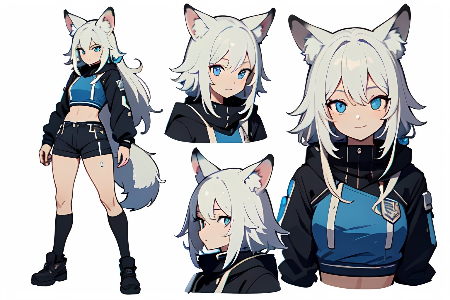 (CharacterSheet:1),1woman, (white _hair), wolf fox ears, long_hair, skin tight shorts, topless_(female), abs, blue eyes, smiling, ripped muscles, vtube, (3D), (multiple views, full body, upper body, reference sheet:1), back view, front view,(white background, simple background:1.2),(dynamic_pose:1.2),(masterpiece:1.2), (best quality, highest quality), (ultra detailed), (8k, 4k, intricate), (50mm), (highly detailed:1.2),(detailed face:1.2), detailed_eyes,(gradients),(ambient light:1.3),(cinematic composition:1.3),(HDR:1),Accent Lighting,extremely detailed,original, highres,(perfect_anatomy:1.2), 