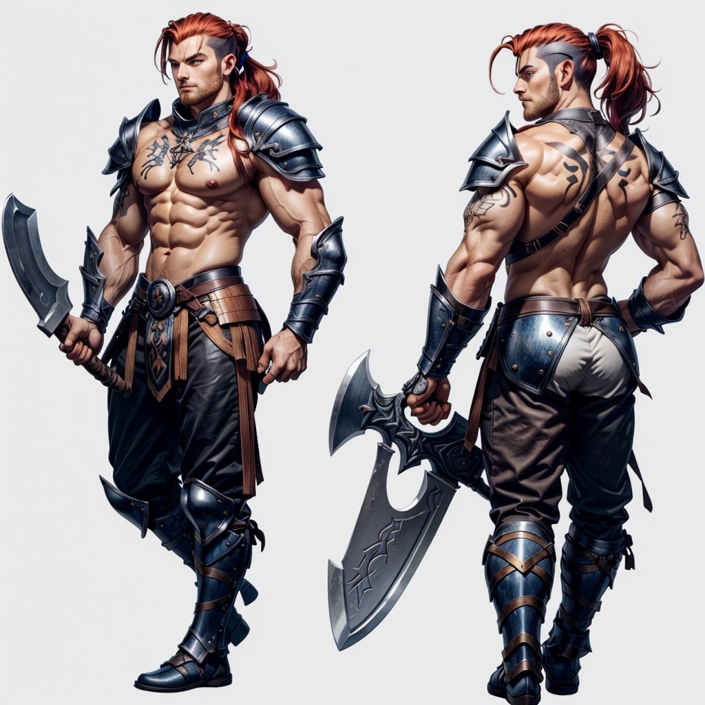 (CharacterSheet:1),1man, warrior, red hair, long hair ponytail, (shaved side of head), ( nordic leather armor), (armored pants), chest,  blue eyes, nordic, norseman, (nordic rune tattoo on side of head), (wielding two axes), (single demonic eye), (detailed hands), (detailed ab muscles), (multiple views, full body, upper body, reference sheet:1), back view, front view,(white background, simple background:1.2),(dynamic_pose:1.2),(masterpiece:1.2), (best quality, highest quality), (ultra detailed), (8k, 4k, intricate), (50mm), (highly detailed:1.2),(detailed face:1.2), detailed_eyes,(gradients),(ambient light:1.3),(cinematic composition:1.3),(HDR:1),Accent Lighting,extremely detailed,original, highres,(perfect_anatomy:1.2), 
