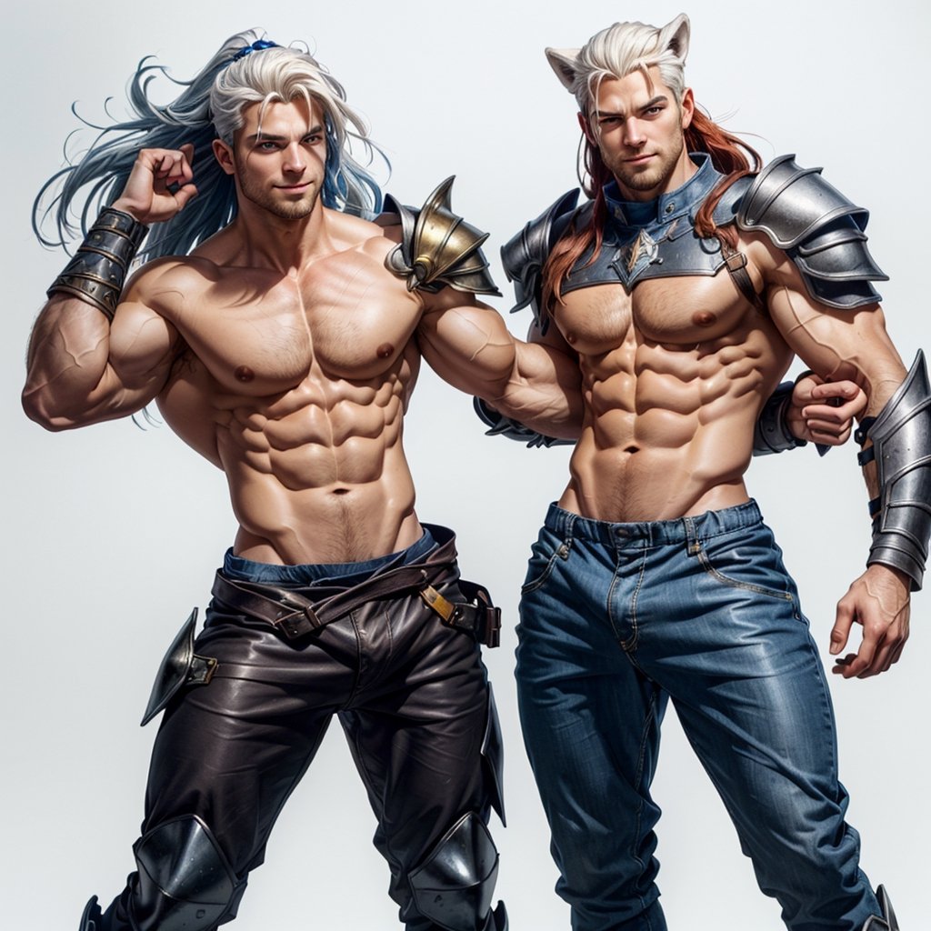  (hugging couple), (1man, warrior, red_hair, long_hair, long_ponytail, shaved side of head, nordic leather armor, armored_pants, bare chest, blue eyes, nordic, norseman, nordic_rune_on_head, detailed_hands, detailed_ab_muscles,)
(1woman, wolf_ears, white_hair, long_hair, skin_tight_shorts, detailed_ab_muscles, blue_eyes, smiling, fit_body, detailed_hands, detailed_face,)(full body view, front view,(white background, simple background:1.2),(dynamic_pose:1.2),(masterpiece:1.2), (best quality, highest quality), (ultra detailed), (8k, 4k, intricate), (50mm), (highly detailed:1.2),(detailed face:1.2), detailed_eyes,(gradients),(ambient light:1.3),(cinematic composition:1.3),(HDR:1),Accent Lighting,extremely detailed,original, highres,(perfect_anatomy:1.2), 