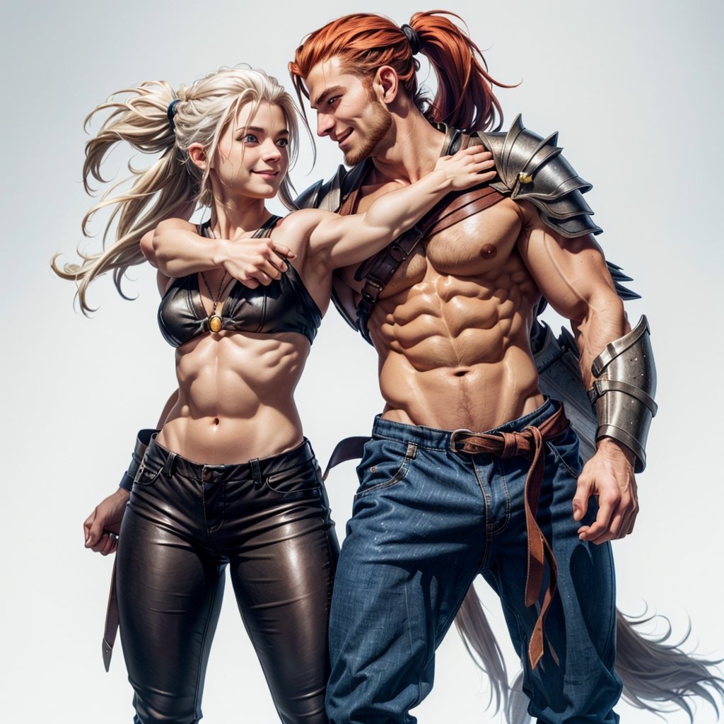  (hugging couple), (1man, human_ears, warrior, red_hair, long_hair, long_ponytail, shaved_side_of_head, nordic leather armor, armored_pants, bare chest, blue eyes, nordic, norseman, nordic_rune_on_head, detailed_hands, detailed_ab_muscles,),
(1woman, wolf_ears, white_hair, long_hair, skin_tight_shorts, detailed_ab_muscles, blue_eyes, smiling, fit_body, detailed_hands, detailed_face,)(full body view, front view,(white background, simple background:1.2),(dynamic_pose:1.2),(masterpiece:1.2), (best quality, highest quality), (ultra detailed), (8k, 4k, intricate), (50mm), (highly detailed:1.2),(detailed face:1.2), detailed_eyes,(gradients),(ambient light:1.3),(cinematic composition:1.3),(HDR:1),Accent Lighting,extremely detailed,original, highres,(perfect_anatomy:1.2), 