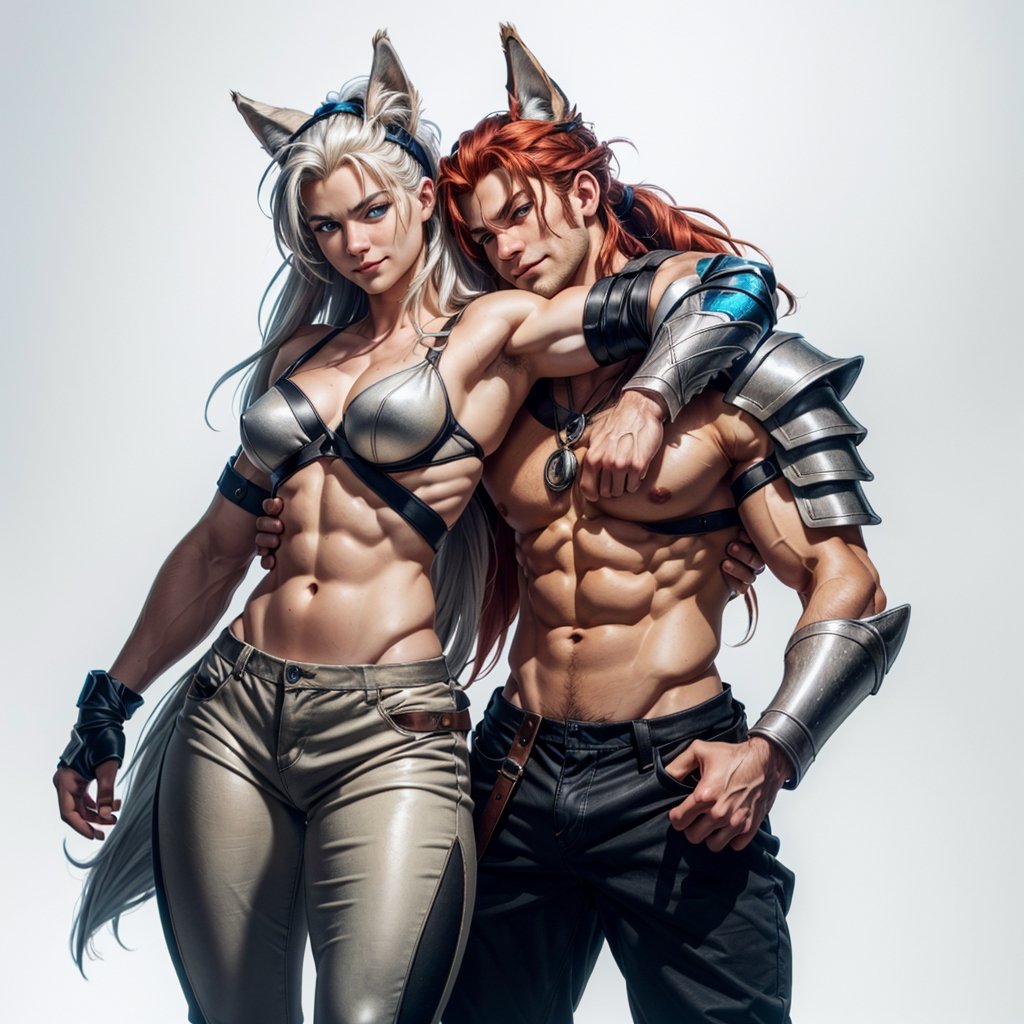  (hugging couple), (1man, warrior, red_hair, long_hair, long_ponytail, shaved side of head, nordic leather armor, armored_pants, bare chest, blue eyes, nordic, norseman, nordic_rune_on_head, detailed_hands, detailed_ab_muscles,),
(1woman, wolf_ears, white_hair, long_hair, skin_tight_shorts, detailed_ab_muscles, blue_eyes, smiling, fit_body, detailed_hands, detailed_face,)(full body view, front view,(white background, simple background:1.2),(dynamic_pose:1.2),(masterpiece:1.2), (best quality, highest quality), (ultra detailed), (8k, 4k, intricate), (50mm), (highly detailed:1.2),(detailed face:1.2), detailed_eyes,(gradients),(ambient light:1.3),(cinematic composition:1.3),(HDR:1),Accent Lighting,extremely detailed,original, highres,(perfect_anatomy:1.2), 