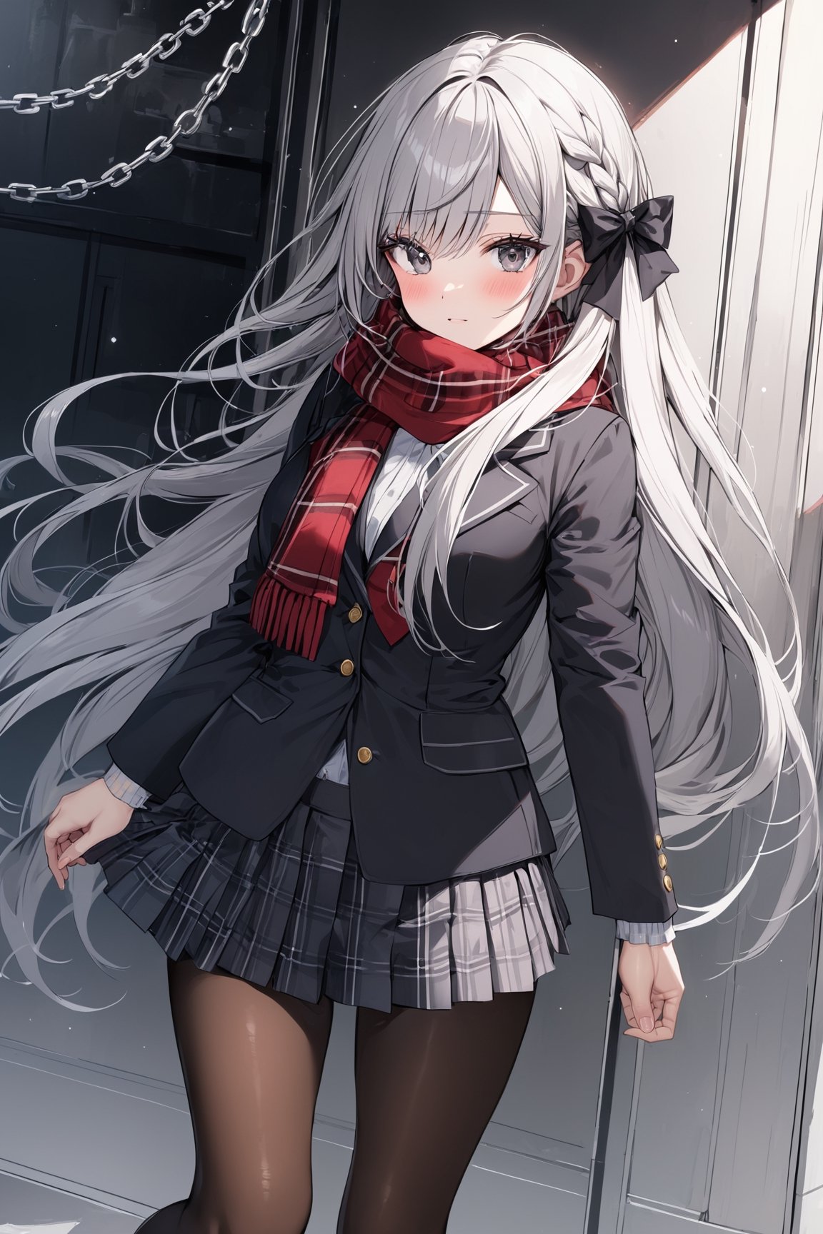 Extreme detailed, (masterful), 1girl, solo, long hair, blush, bangs, large (bow), medium breasts, very long hair, braid, white hair, grey hair, large black bow with intricate chains, grey eyes, skirt, long sleeves, school uniform, jacket, pantyhose, pleated skirt, bowtie, scarf, black bow, black jacket, plaid, blazer, black bowtie, red scarf, brown pantyhose, plaid scarf