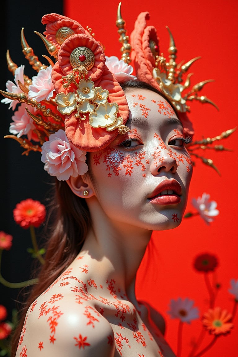 (High-Key Photography by Tian Yuan and Herbert Bayer:1.2), award winning, faun, (aesthetic of photomontage with psychedelic atmosphere:0.5), distortion, distinct foreground and background, novel sublime achievement with masterful details, (quinacridone red and diamond white colors:0.1)