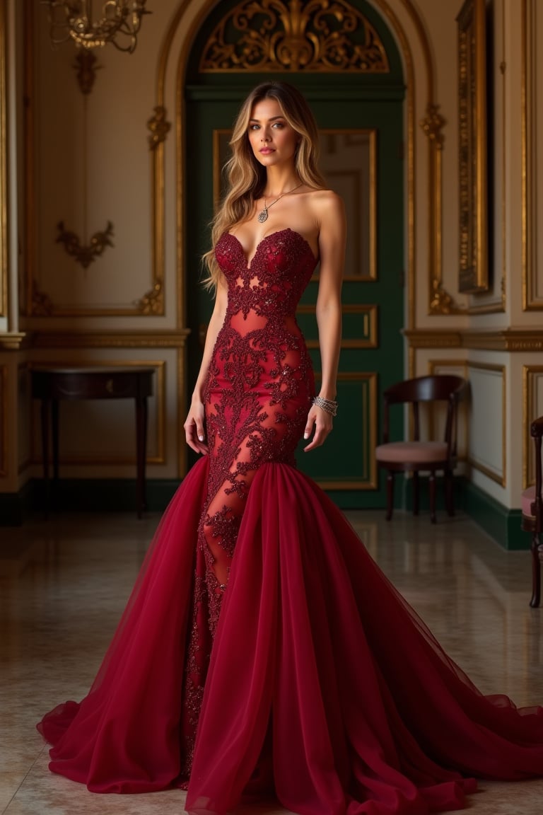 ohwx woman exudes elegance in a sophisticated glamour shot, her sumptuous evening gown set off against a grand, ornate backdrop.