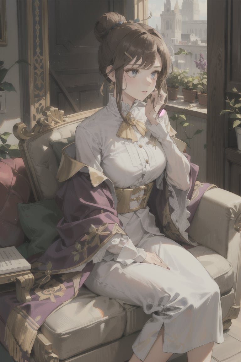 An imperial queen, a mature woman of 47, with brown hair in a bun, four golden hairpins, and a striking robe of lilac gold, sitting upright