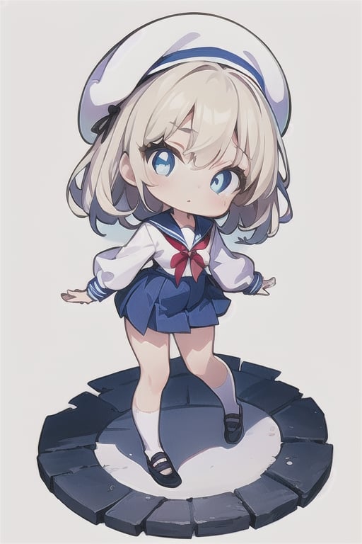 best quality, 1 girl,solo Cute girl, chibi, full body, standing, white background,medium hair, blond hair, blue eye, sailor uniform, white Beret, ,sailor suit