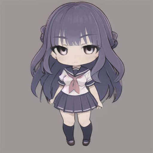 best quality, 1 girl,solo Cute girl, chibi, full body, standing, white background,long hair, black hair, purple eye, sailor uniform,yomi