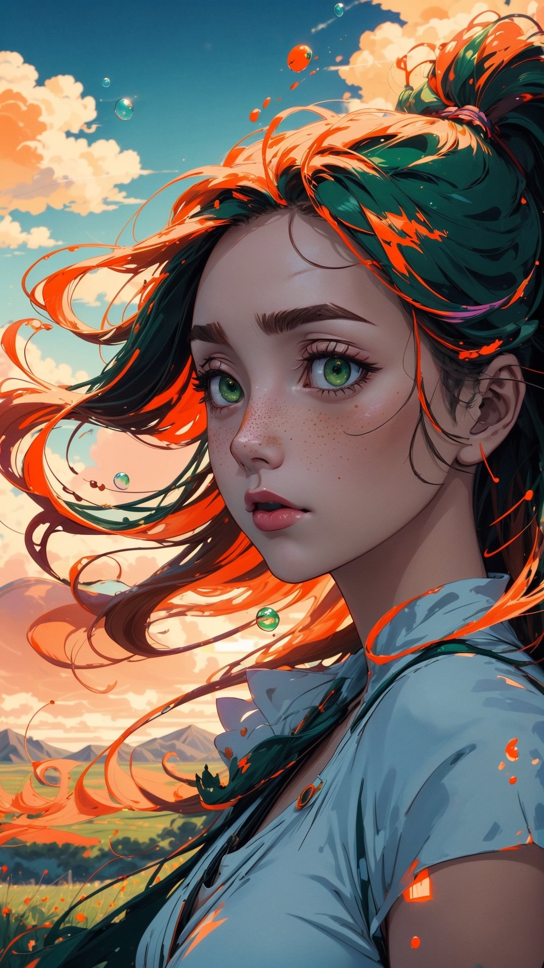 ((masterpiece)), (best quality), (cinematic), a woman in a long white dress, running through an open field, long hair, bangs, chubby, wide hips, green eyes, freckles on her cheeks, wind, detailed face, detailed body, red and orange sky, glow, clouds, vegetation, green plains, floating bubbles, (cinematic, colorful), vast field, (extremely detailed), inspired by Studio Ghibli, EpicSky, cloud, sky, highly detailed , detailed face