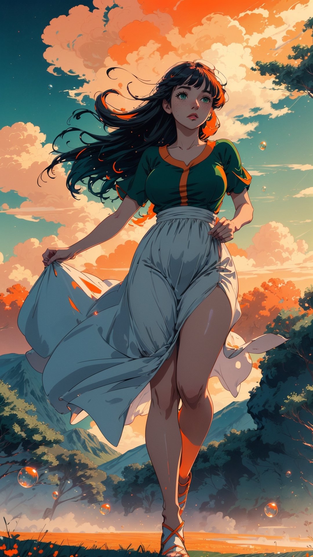 ((masterpiece)), (best quality), (cinematic), a woman in a long white dress, running through an open field, long black hair, bangs, chubby, wide hips, full body, green eyes, freckles on cheeks, wind, detailed face, detailed body, red and orange sky, glow, clouds, vegetation, green plains, floating bubbles, (cinematic, colorful), vast field, (extremely detailed), inspired by Studio Ghibli, EpicSky, cloud, sky, highly detailed, detailed face